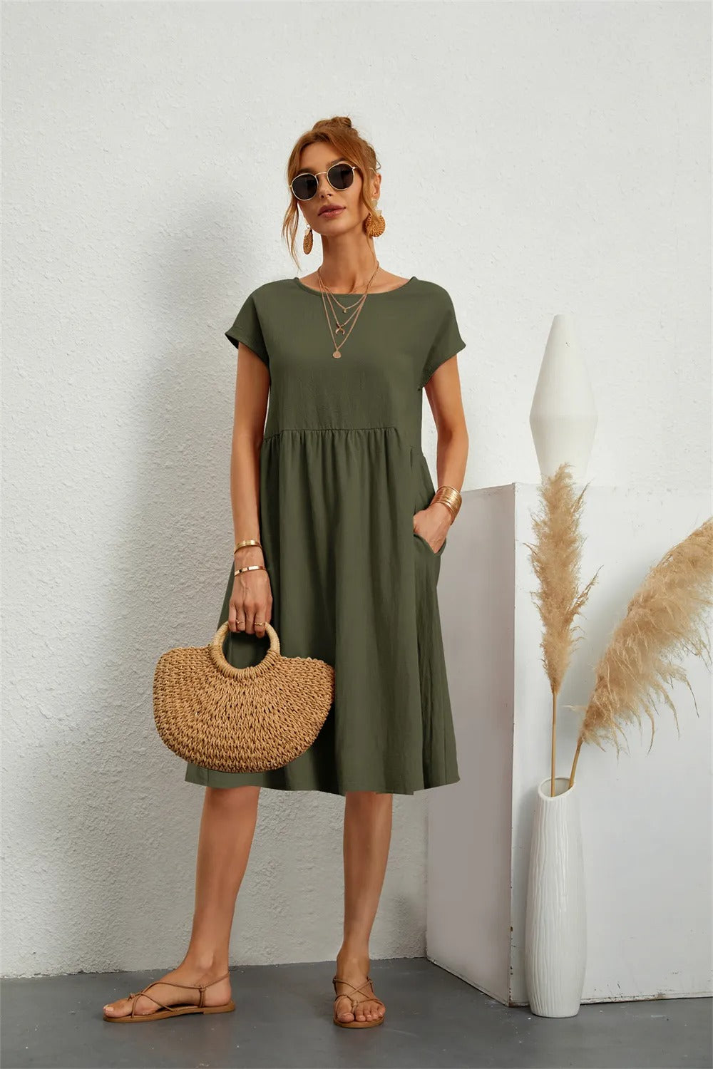 Damen Sommerkleid Kurzarm Locker Geschnitten Elegant Beige