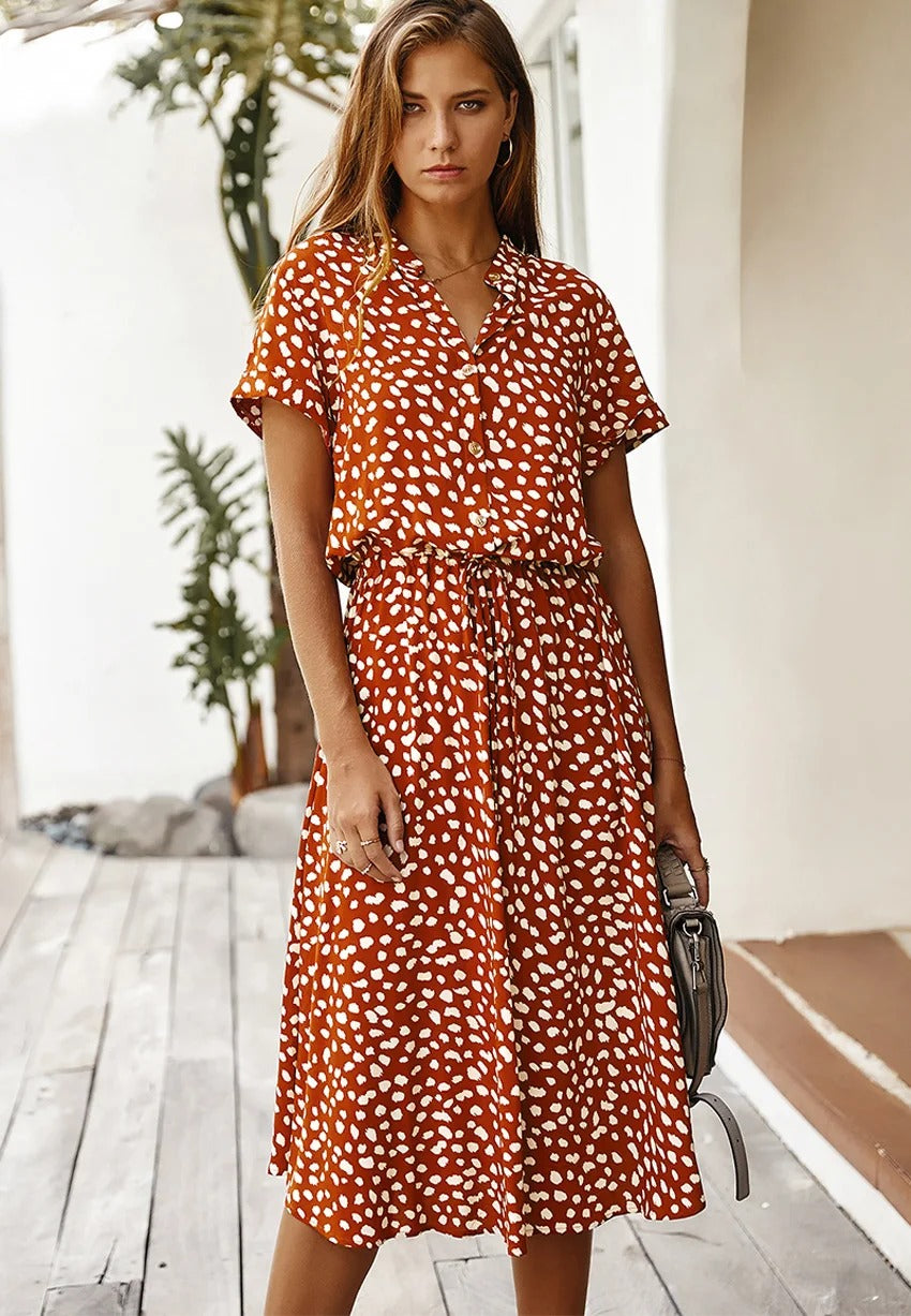 Damen Midikleid V-Ausschnitt Baumwolle Kurzärmelig Beige