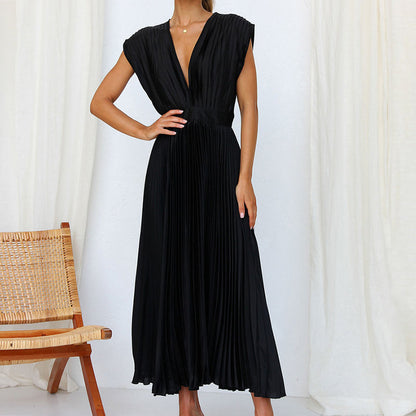 Damen Maxi Abendkleid V-Ausschnitt Plissiert