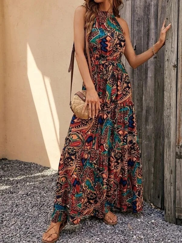 Damen Maxi-Kleid Retro-Halterneck Vintage-Look