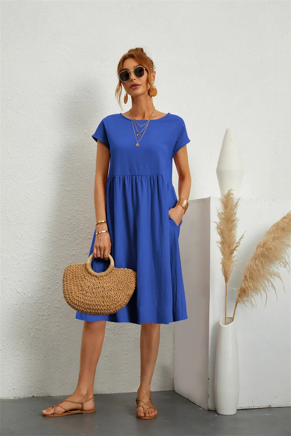 Damen Kurzarm Midikleid Mit Taschen
