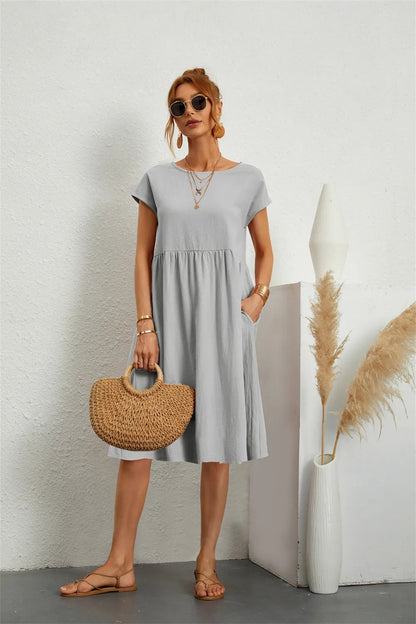 Damen Kurzarm Midikleid Mit Taschen