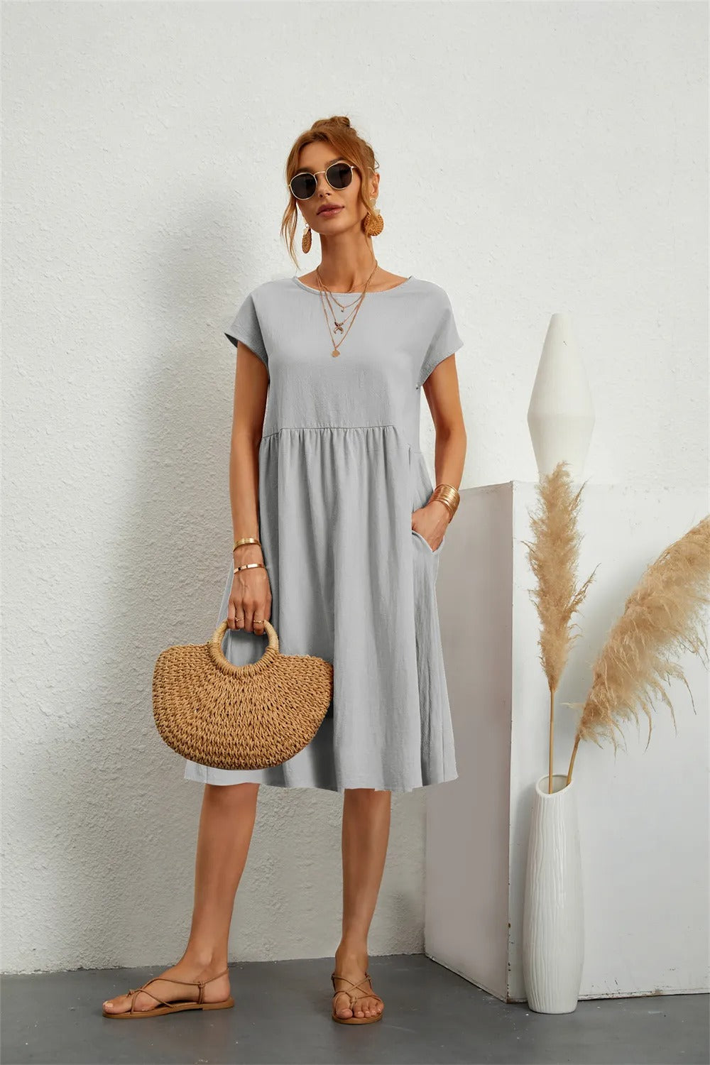 Damen Sommerkleid Kurzarm Locker Geschnitten Elegant Beige