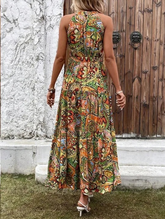 Damen Maxi-Kleid Retro-Halterneck Vintage-Look
