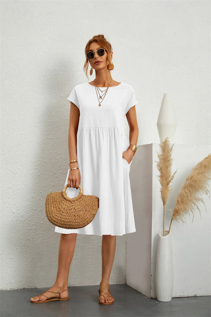 Damen Sommerkleid Kurzarm Locker Geschnitten Elegant Beige