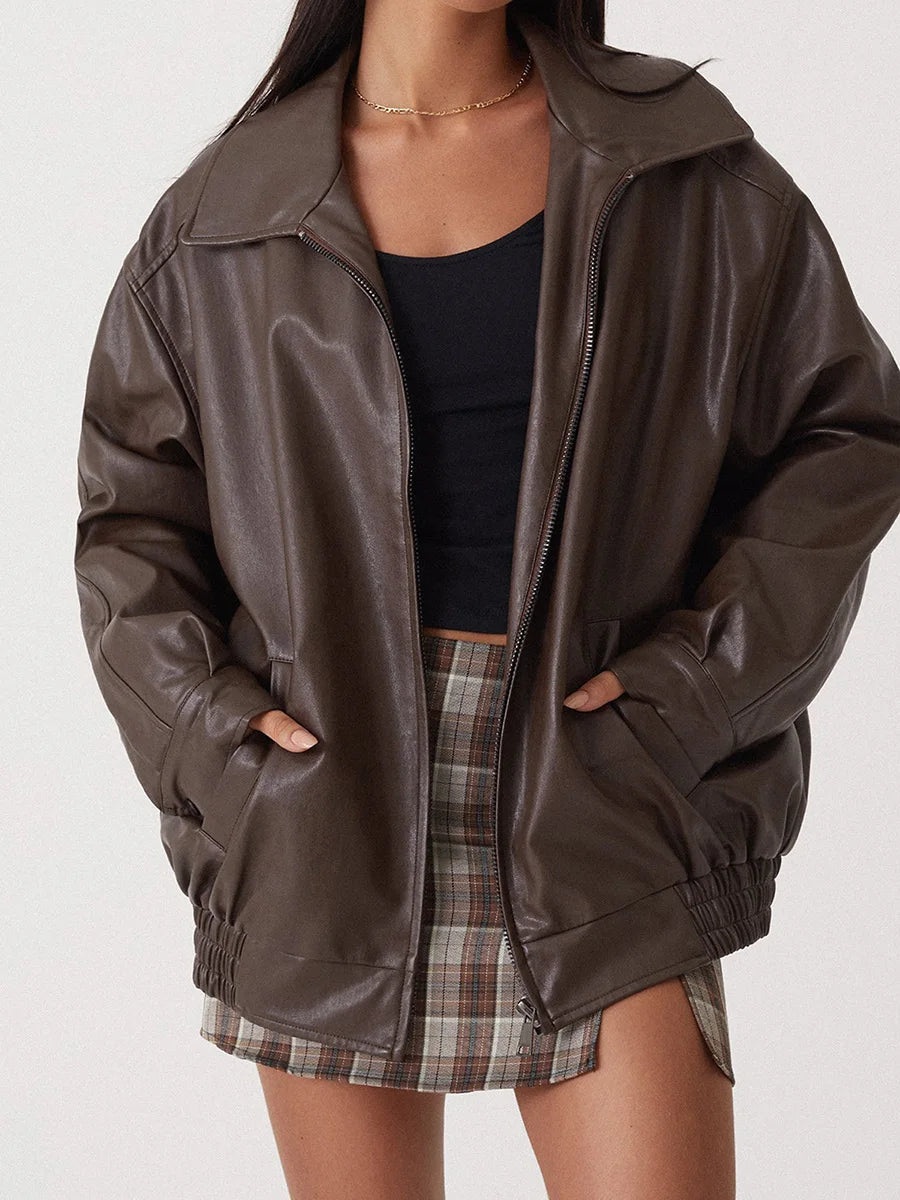 Damen Oversized Kunstleder Bomberjacke Reißverschluss Trendig