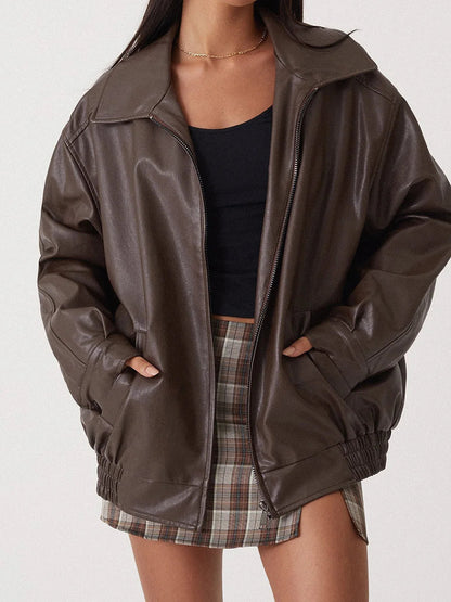 Damen Oversized Kunstleder Bomberjacke Reißverschluss Trendig