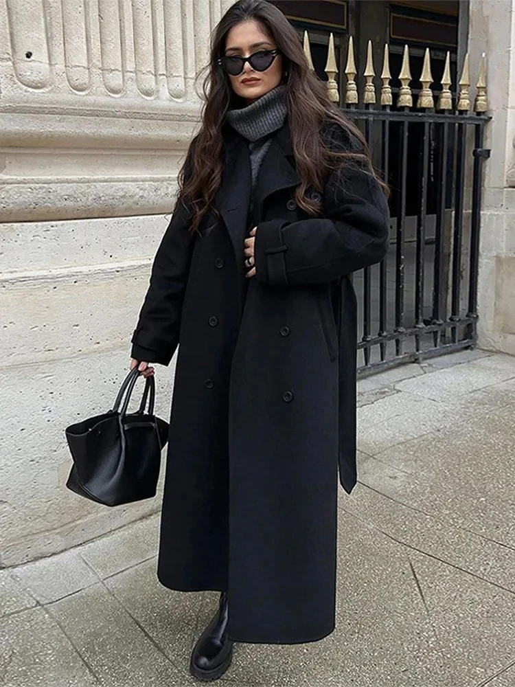 Damen Trenchcoat Wollmischung Doppelreiher Gürtel Voller Länge - Eveloria