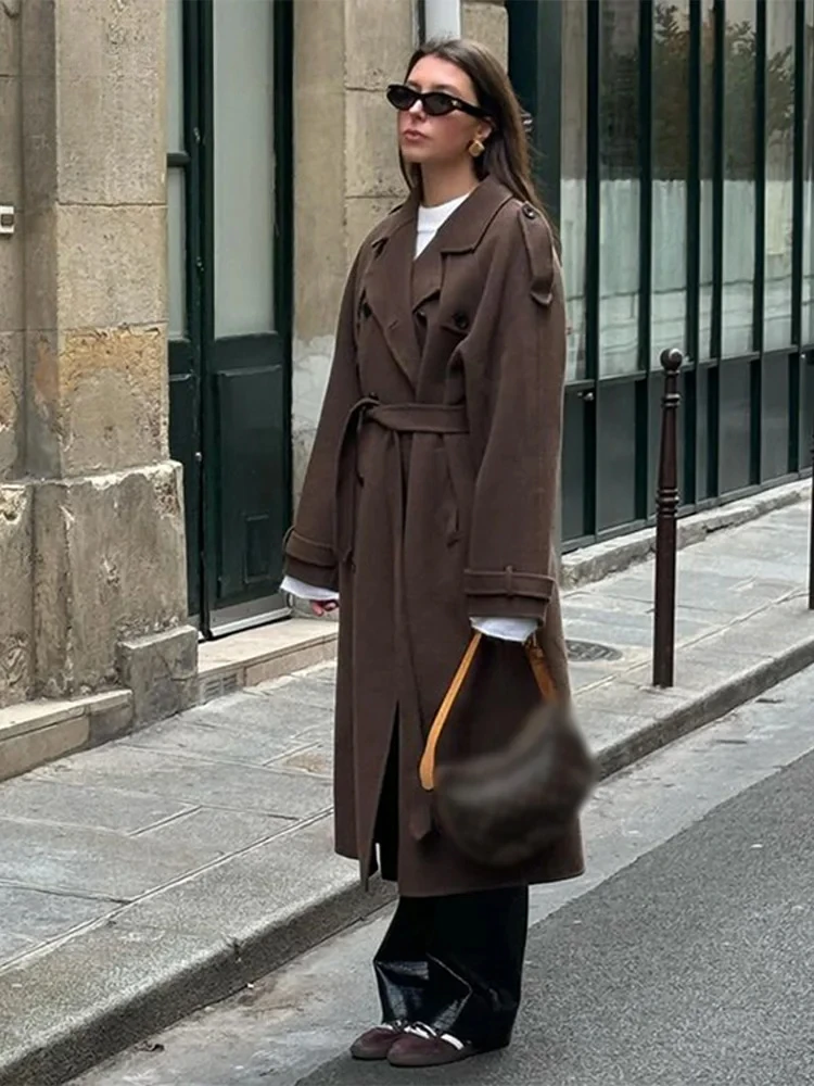 Damen Trenchcoat Wollmischung Doppelreiher Gürtel Voller Länge