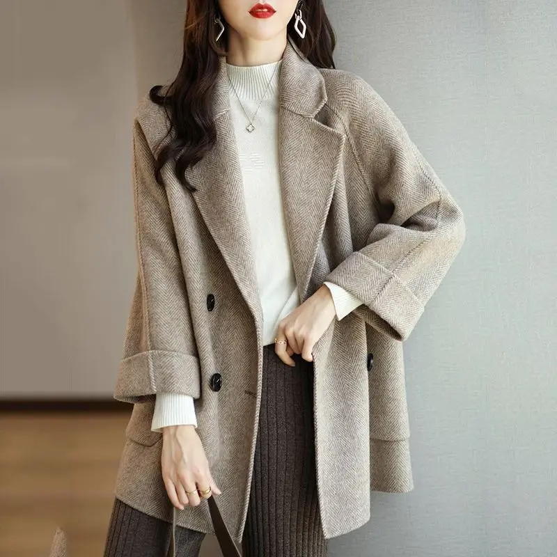 Damen Trenchcoat Slim Fit Wolltextur Doppelt Knöpfbar