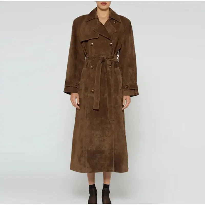 Damen Trenchcoat Wildleder-Optik Taillierte Passform Doppelknöpfer - Eveloria