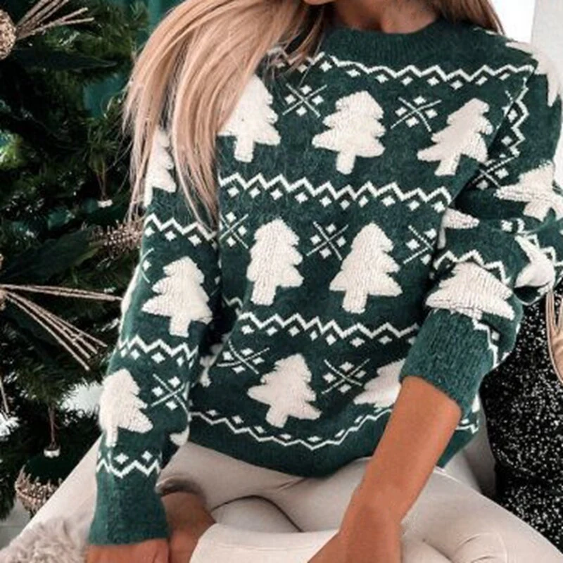 Eveloria Damen Sweatshirt Wollstrick Kiefernmuster Gerippter Saum - Eveloria