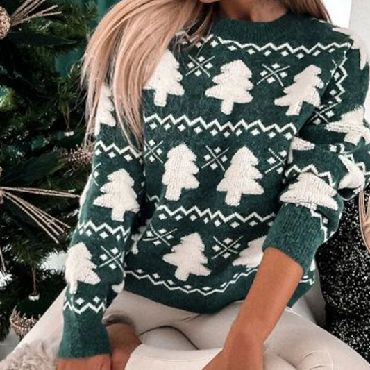 Eveloria Damen Sweatshirt Wollstrick Kiefernmuster Gerippter Saum - Eveloria