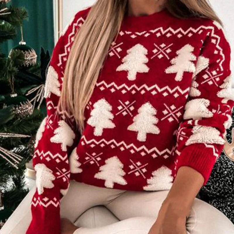 Eveloria Damen Sweatshirt Wollstrick Kiefernmuster Gerippter Saum