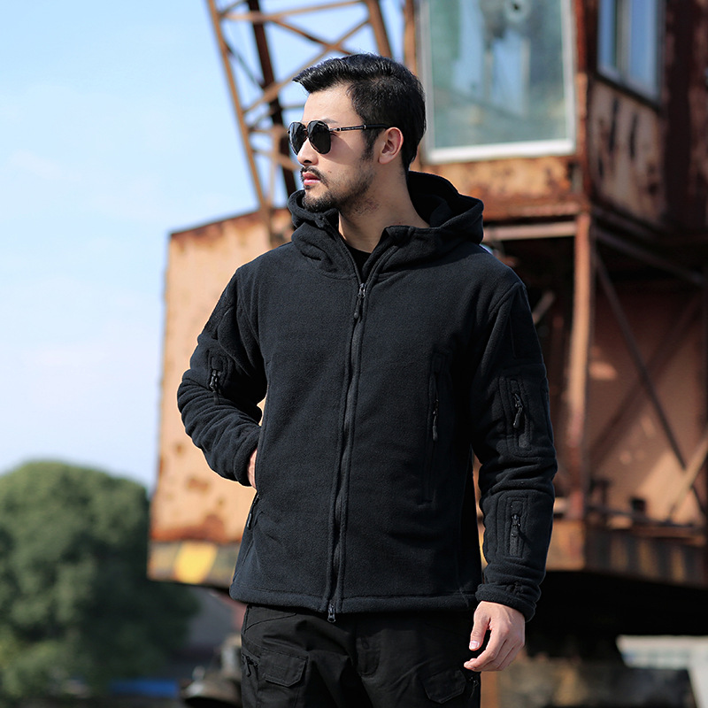 Herren Fleecejacke Relaxed Fit mit Kapuze und Reißverschluss Schwarz - Eveloria