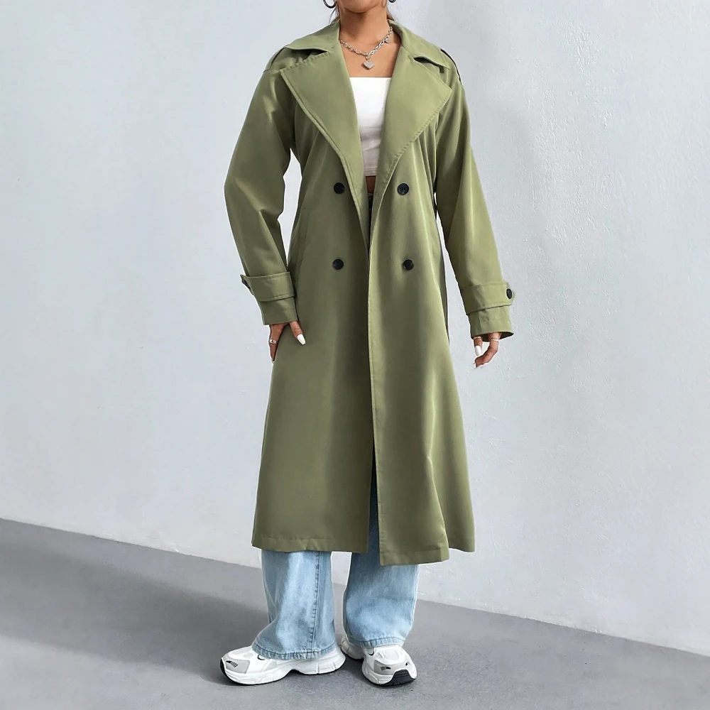 Eveloria Damen Trenchcoat Baumwollmischung Reverskragen Lang