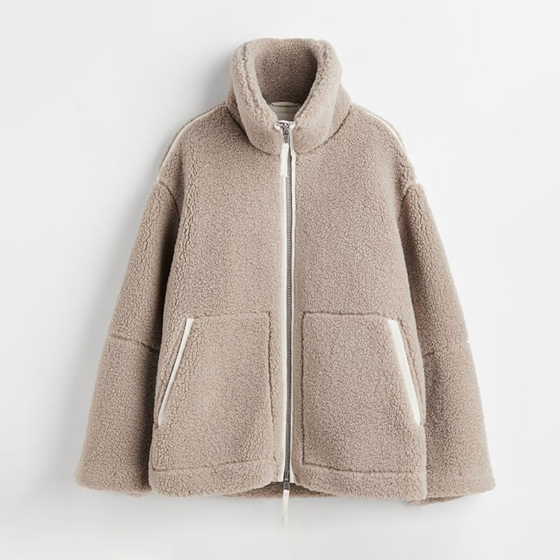 Daralis Damen Teddyjacke Oversize Reißverschluss Stehkragen