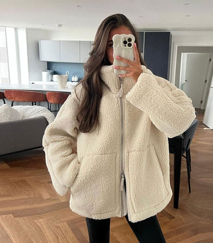 Daralis Damen Teddyjacke Oversize Reißverschluss Stehkragen - Eveloria