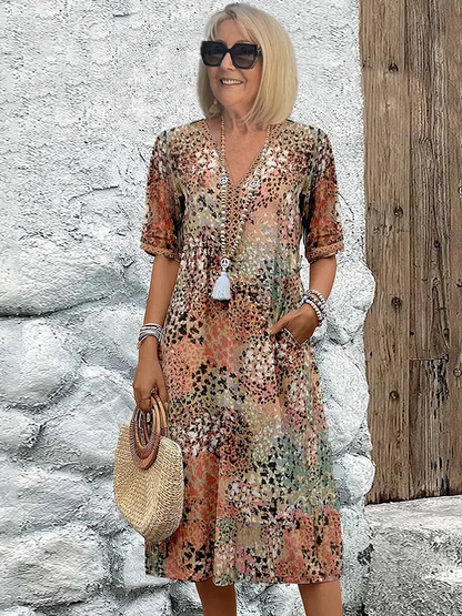 Damen Midikleid Farbverlauf V-Ausschnitt Sommerkleid Halbärmel