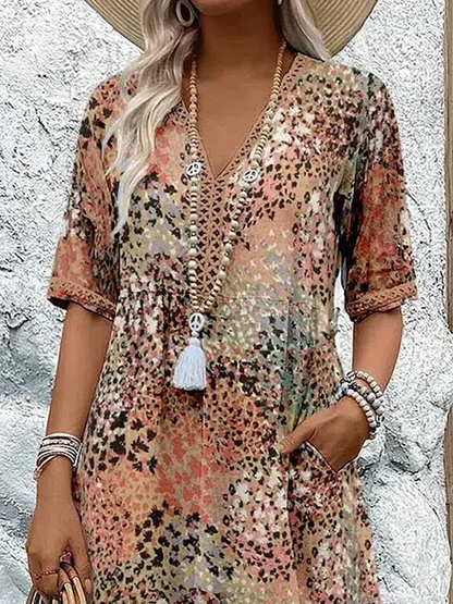 Damen Midikleid Farbverlauf V-Ausschnitt Sommerkleid Halbärmel - Eveloria