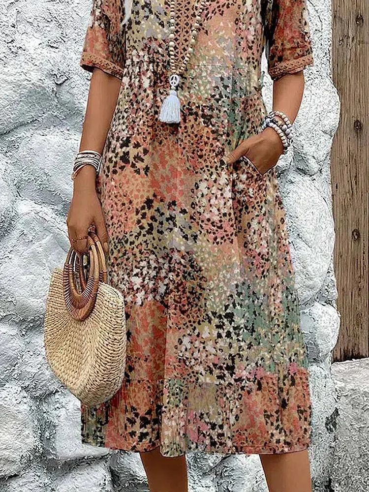Damen Midikleid Farbverlauf V-Ausschnitt Sommerkleid Halbärmel