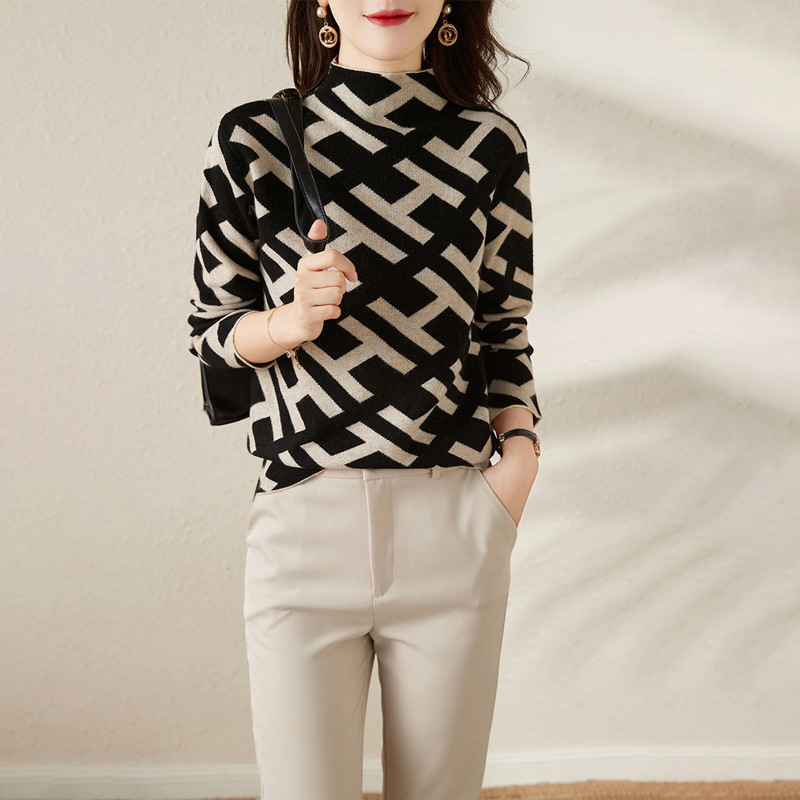 Eveloria Damen Sweatshirt Wollmischung Stehkragen Jacquard-Design
