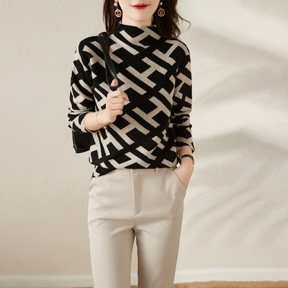 Eveloria Damen Sweatshirt Wollmischung Stehkragen Jacquard-Design