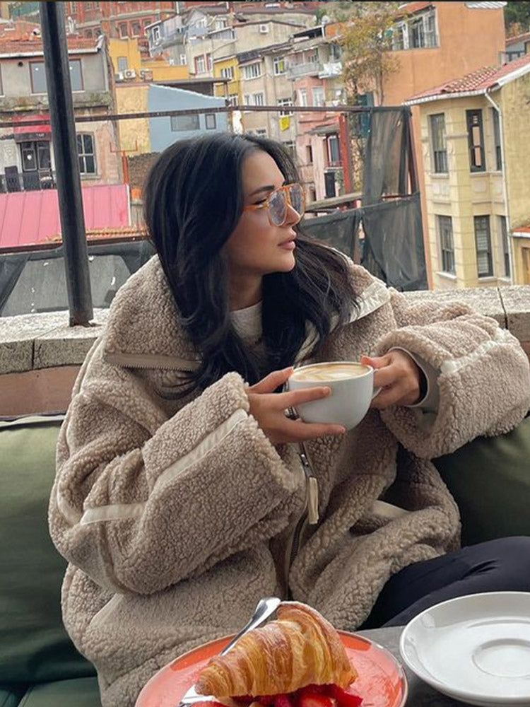 Daralis Damen Teddyjacke Oversize Reißverschluss Stehkragen
