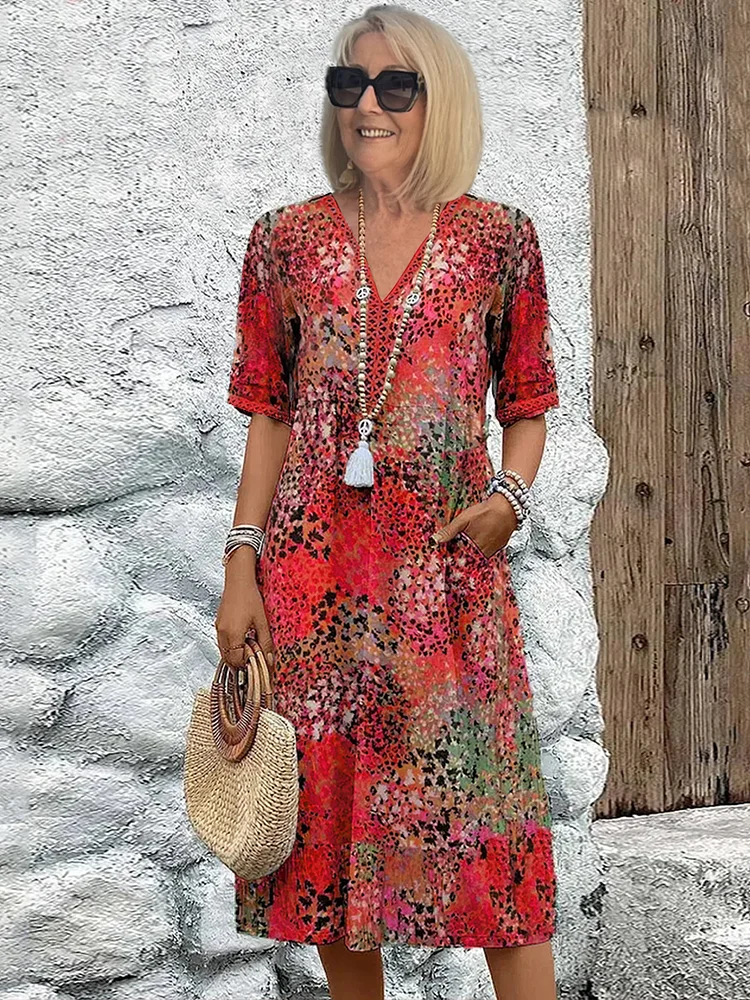 Damen Blumenkleid Midi Länge Elegantes Sommerkleid