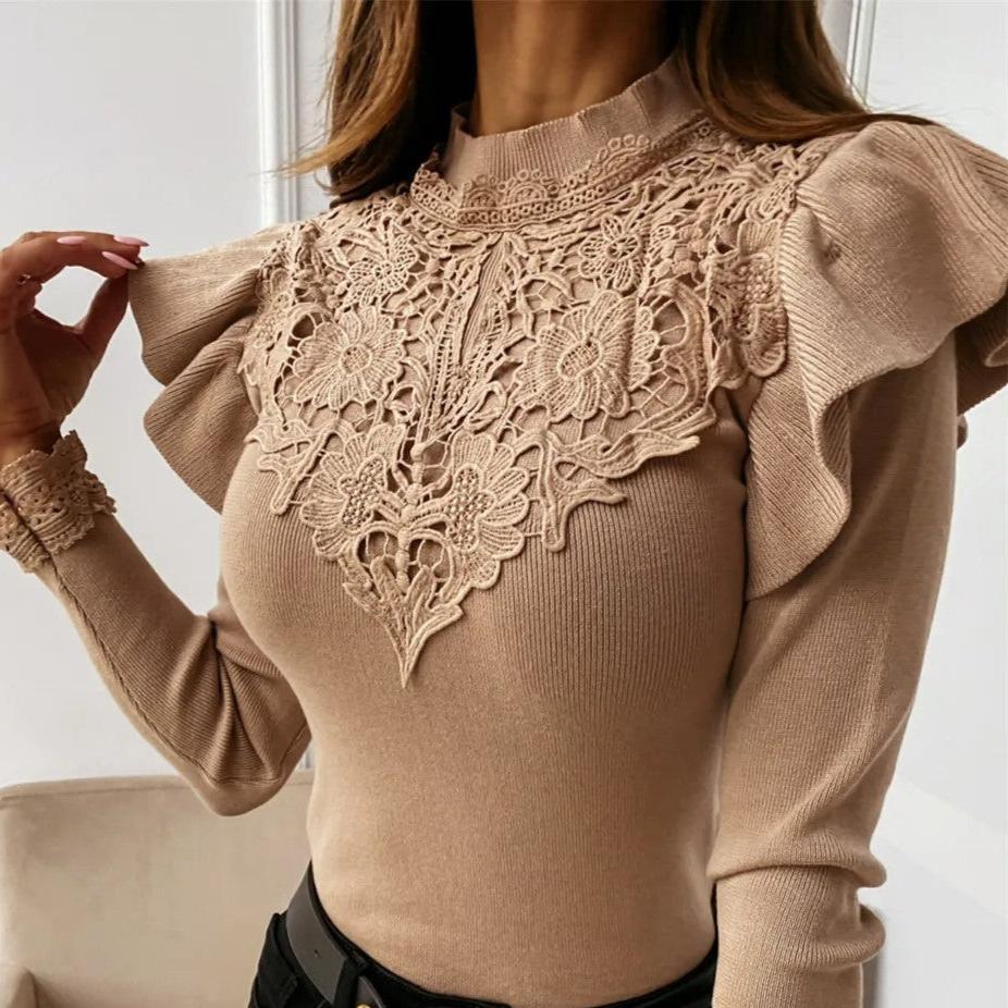 Damen Pullover Rollkragen Rüschen Spitze Beige