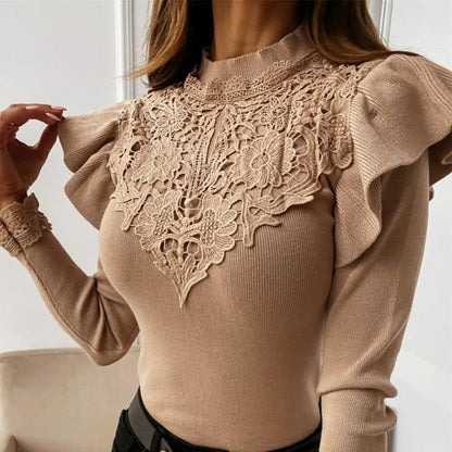 Damen Pullover Rollkragen Rüschen Spitze Beige