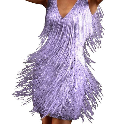 Damen Glitzerkleid Ärmellos V-Ausschnitt Mini Kleid mit Fransen