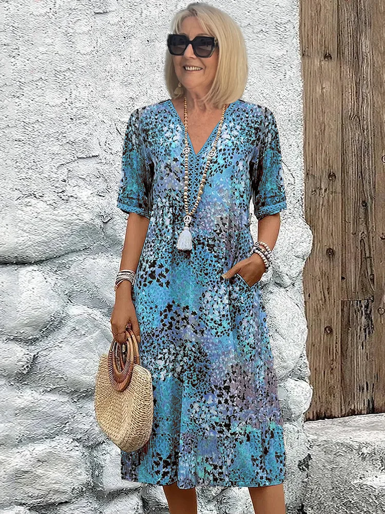 Damen Midikleid Farbverlauf V-Ausschnitt Sommerkleid Halbärmel