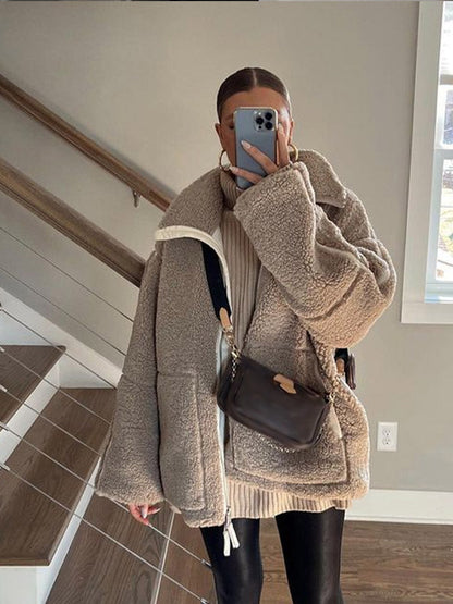 Daralis Damen Teddyjacke Oversize Reißverschluss Stehkragen