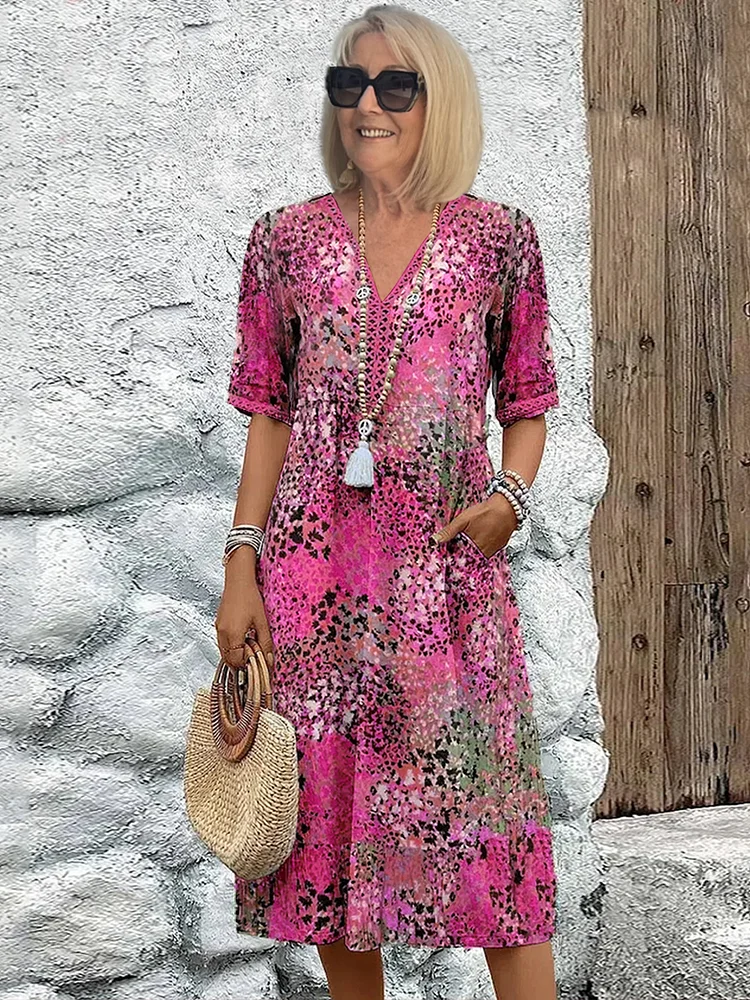 Damen Midikleid Farbverlauf V-Ausschnitt Sommerkleid Halbärmel