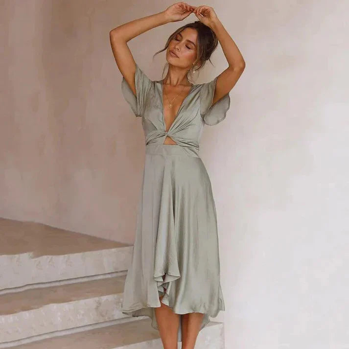 Damen Midikleid mit Taillengürtel V-Ausschnitt und