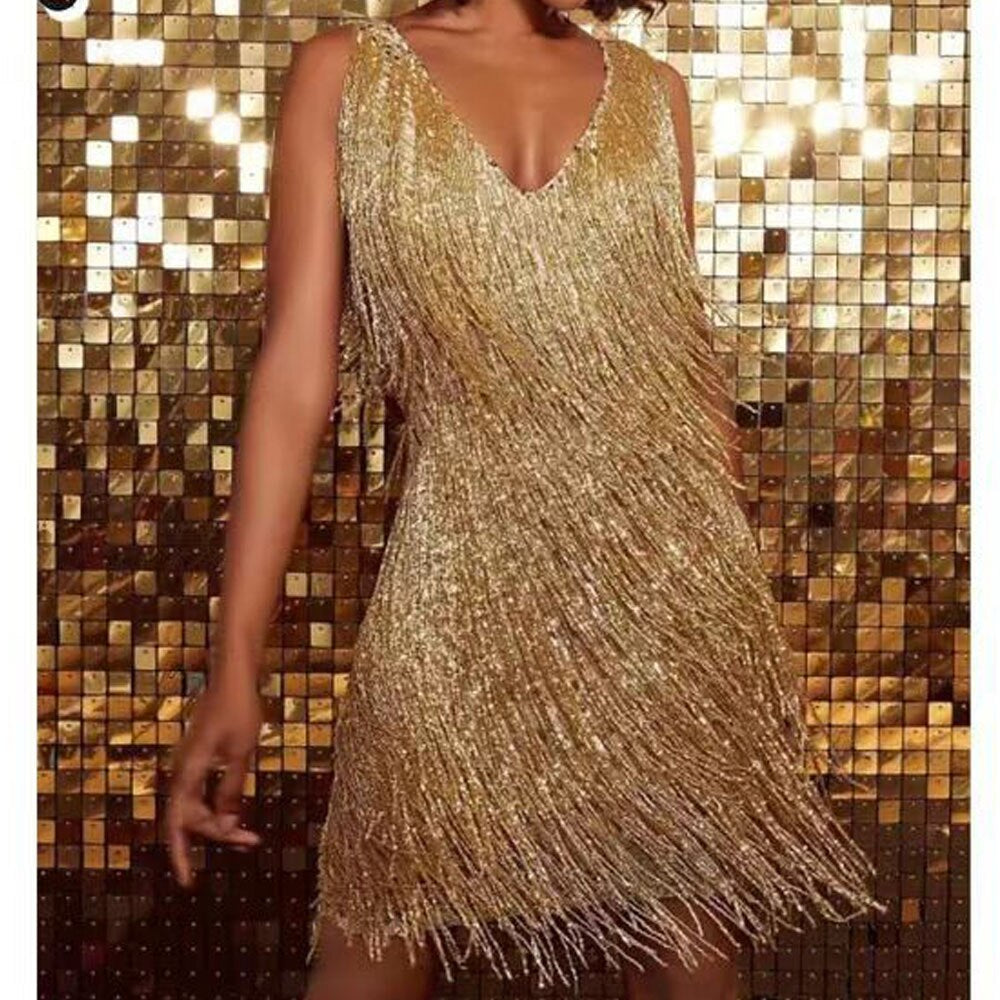 Damen Glitzerkleid Ärmellos V-Ausschnitt Mini Kleid mit Fransen