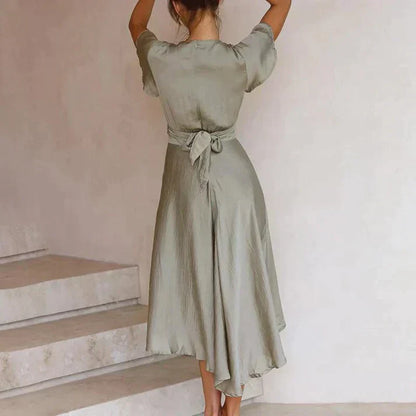 Damen Midikleid mit Taillengürtel V-Ausschnitt und