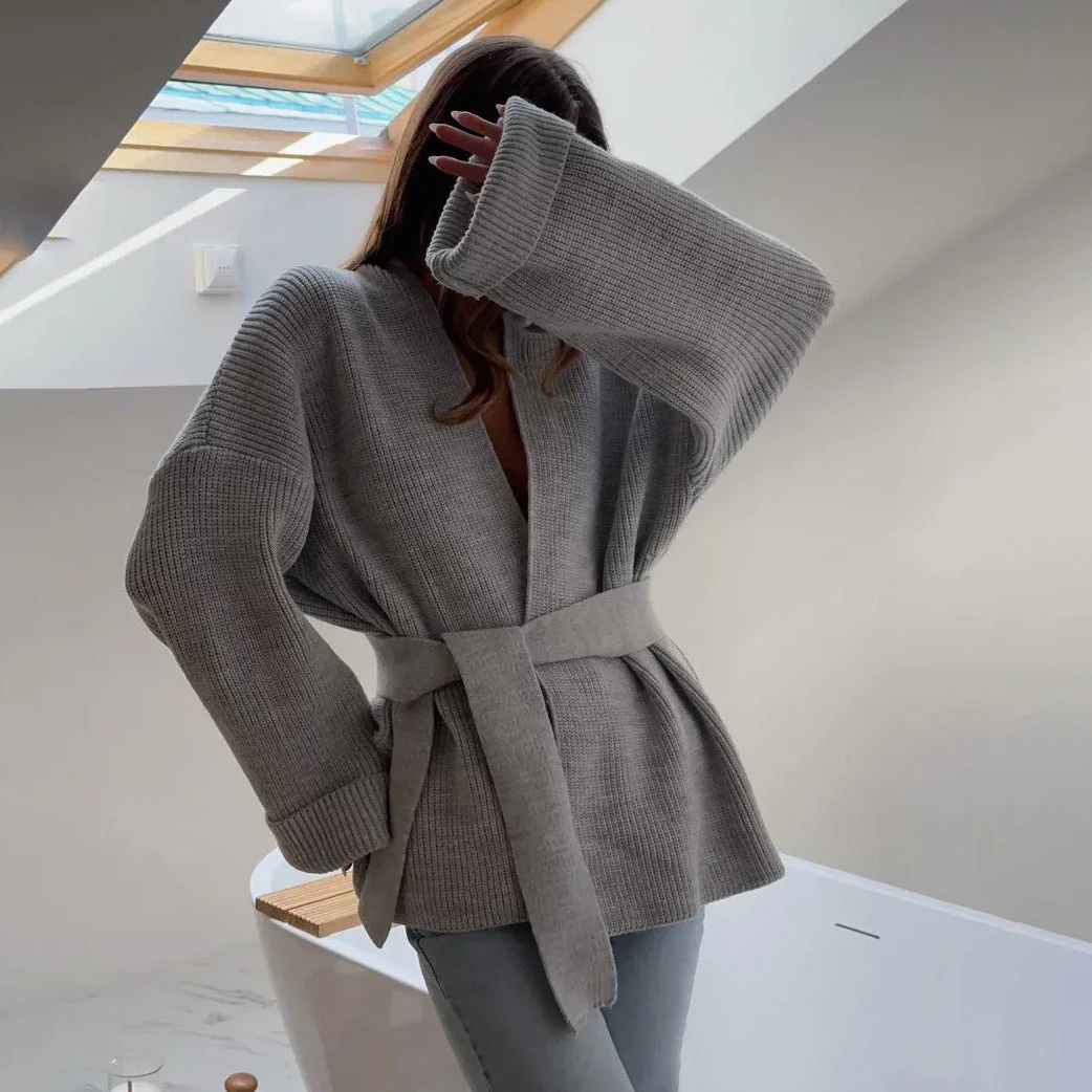 Damen Cardigan Wickelstil Strickgürtel Relaxed Fit Rippenstruktur - Eveloria