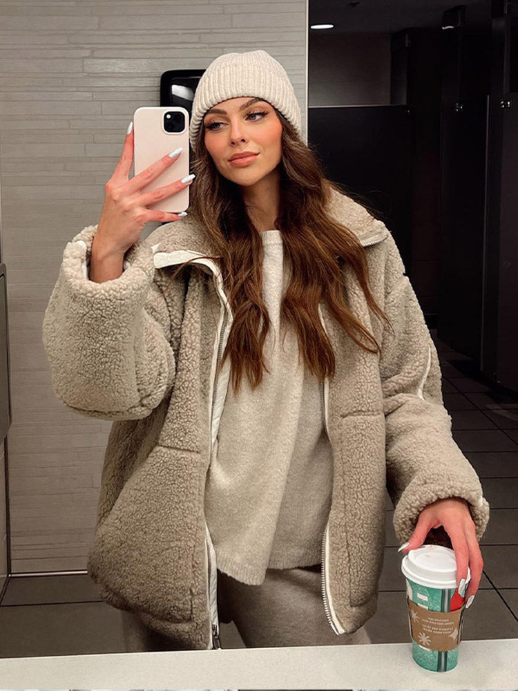 Daralis Damen Teddyjacke Oversize Reißverschluss Stehkragen