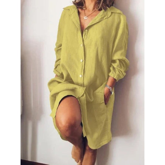 Damen Hemdkleid mit Knöpfen und Reverskragen Luftig Elegant Beige - Eveloria