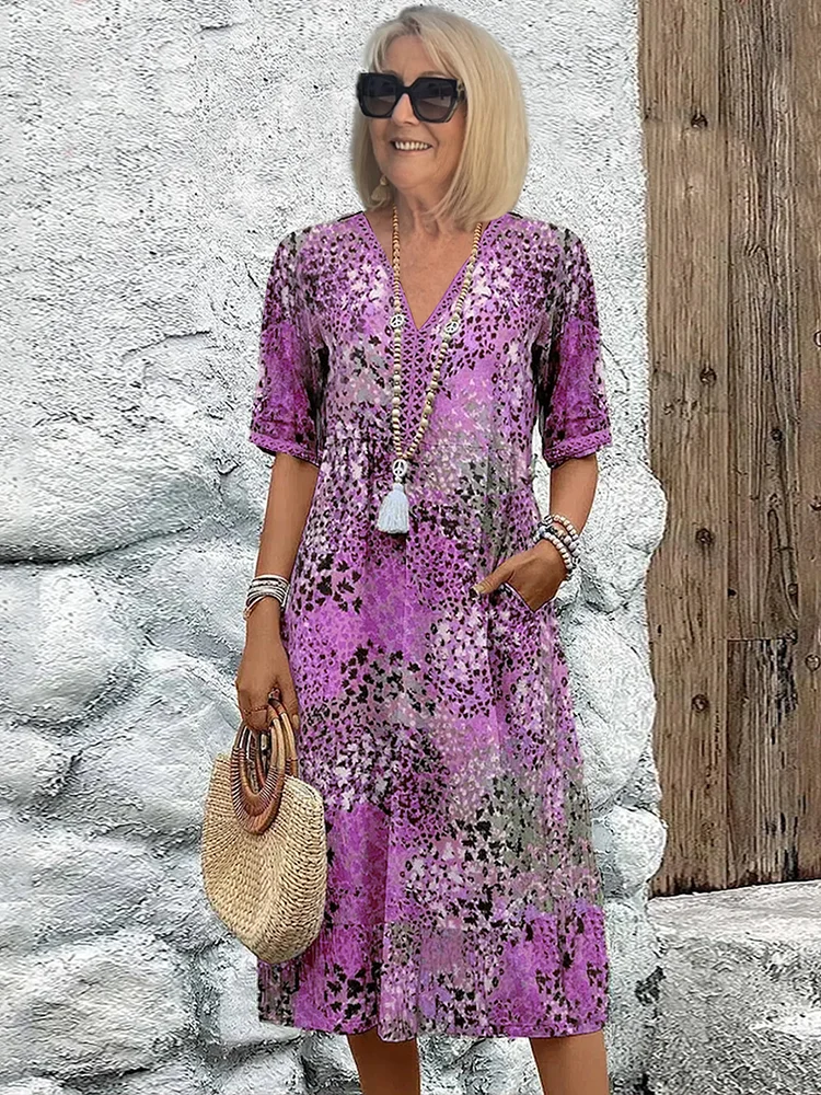 Damen Midikleid Farbverlauf V-Ausschnitt Sommerkleid Halbärmel