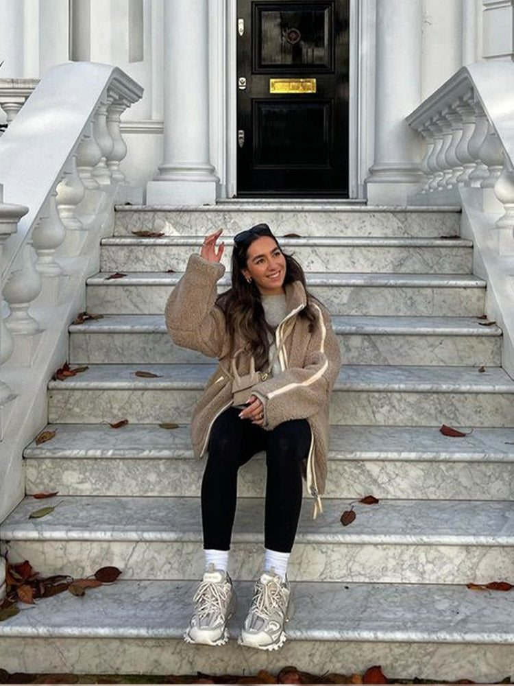 Daralis Damen Teddyjacke Oversize Reißverschluss Stehkragen