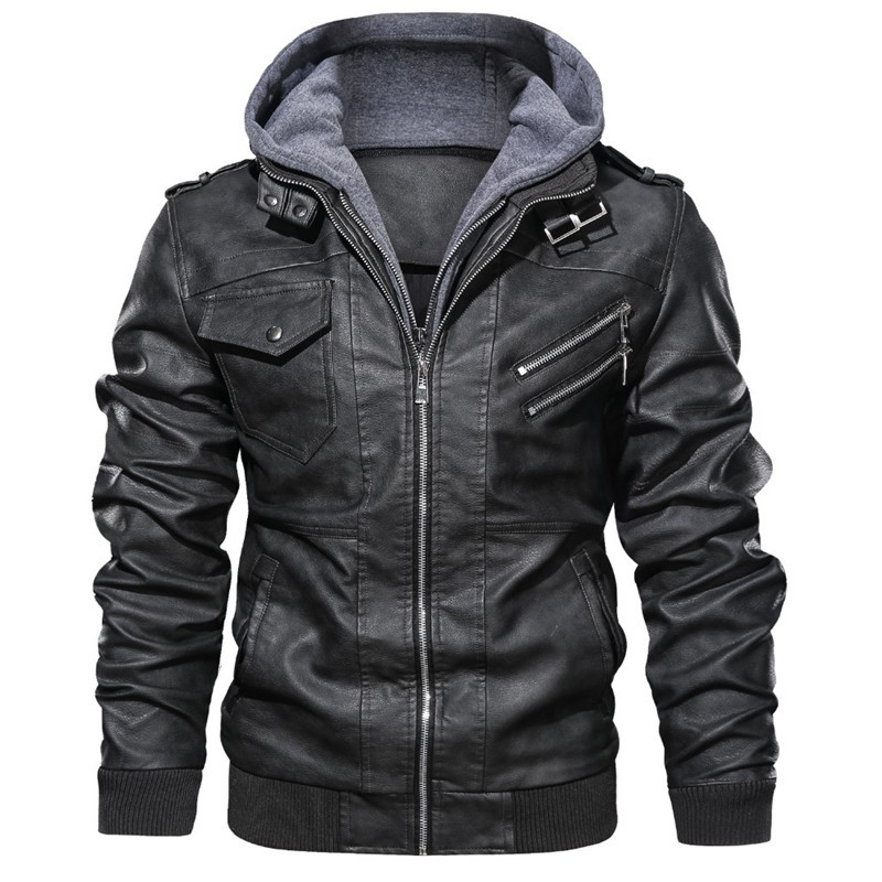 Herren Kunstlederjacke Slim Fit mit Kapuze und Rippenbündchen