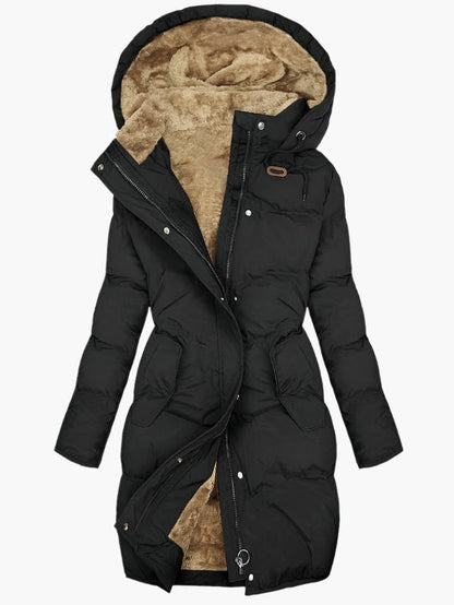 Damen Steppmantel Fleece mit Kapuze Schwarz - Eveloria