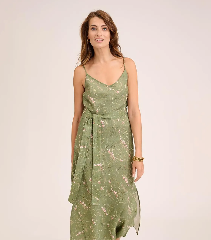 Damen Leinenkleid Blumendruck Grün - Eveloria