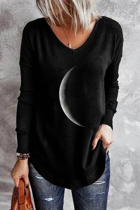 Damen Sweatshirt Weiches Strickmaterial V-Ausschnitt Mondgrafik - Eveloria