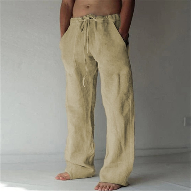 Herren Langhose Leinen Mit Kordelzug Beige