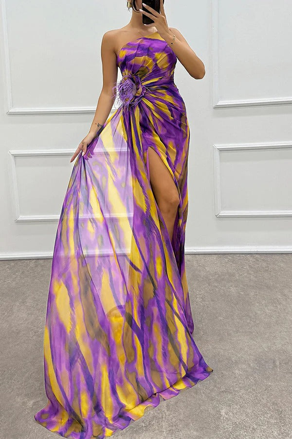 Damen Abendkleid Schulterfrei Maxilänge Hochschlitz