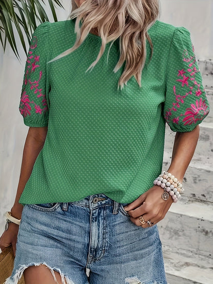 Damen Blusenshirt Puffärmel Florale Stickerei Sommerlich Weiß